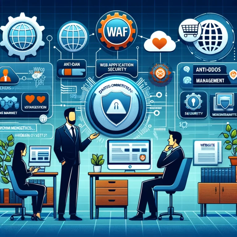 An illustration showing a business professional consulting with a company about web application security solutions. WAF CDN DDoS